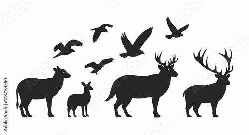 Silhouette of Deer and Birds in Flight - A Wildlife Scene.