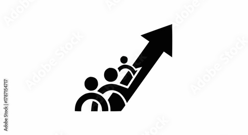 Teamwork and growth concept with people and upward arrow.