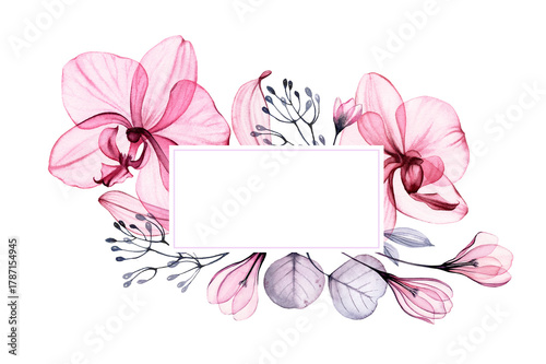 Transparent orchid rectangular frame of flowers, eucalyptus leaves and branches. Hand painted Watercolor floral vintage illustration for text and wedding stationery design