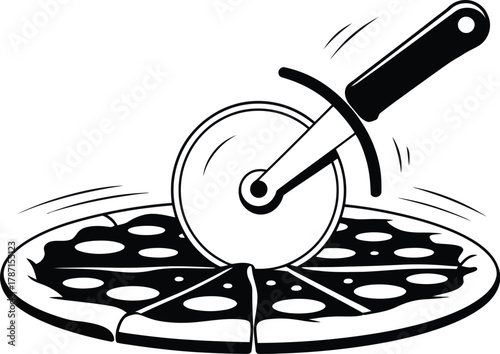 Print Pizza Being Cut with a Round Cutter Tool Silhouette Vector illustration