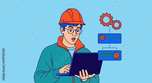 Surprised engineer with laptop sees program error flowchart issues