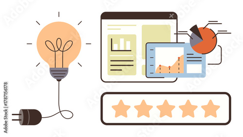Light bulb, data charts, and star ratings highlighting growth, insights, innovation, and customer feedback. Ideal for business analysis, innovation, ratings performance strategy ideas teamwork