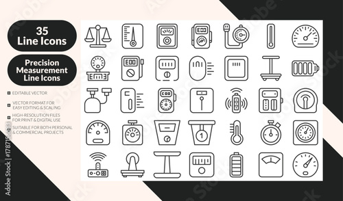 Measurement and Gauge Outline Icon Set. Vector Collection of Meters, Thermometers, Scales, Speedometers and Sensors in EPS10 Vector Format