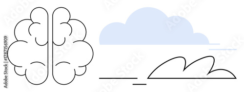 Brain outline beside blue cloud and abstract lines representing creativity, imagination, ideas, focus, innovation, intelligence, calmness. Ideal for education, mindfulness science design