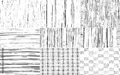 Nine Gray Scale Hand Drawn Line Textures Seamless Patterns Backgrounds Set Abstract Graphic Design Elements for Web Print Textile Fabric