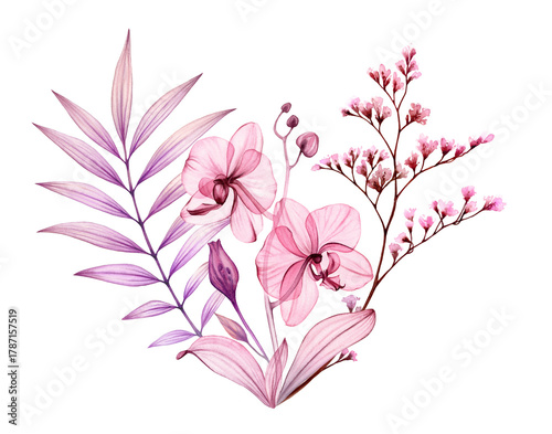 Watercolor tropical bouquet. Abstract transparent orchids, palm branches and leaves in dusty pink and purple. Isolated hand drawn botanical illustration for wedding design, stationery card print
