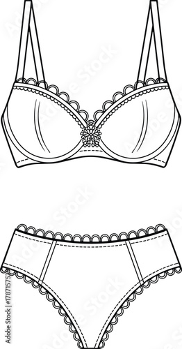 Black and white lingerie sketch, scalloped lace bra and panties, fashion drawing, underwear design illustration