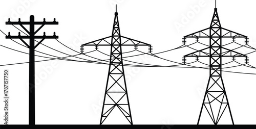 Electrical transmission towers, utility pole silhouette, power lines, energy infrastructure, rural grid, high voltage network