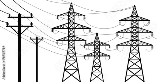 Electrical transmission towers, utility poles, power lines, energy infrastructure, rural grid, high voltage network