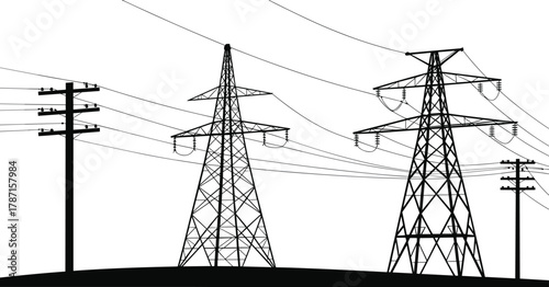 High voltage transmission towers, wooden utility poles, power lines, electricity distribution, rural energy infrastructure network