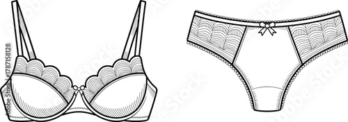 Lingerie bra and panties illustration, lace underwear fashion sketch, intimate apparel design, garment construction drawin