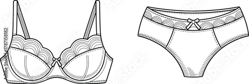 Lingerie bra and panties illustration, lace underwear fashion sketch, intimate apparel design, garment construction drawing