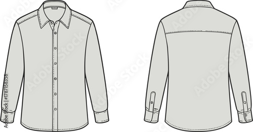 Long sleeve button up shirt flat sketch, front and back technical fashion drawing, apparel design template illustration