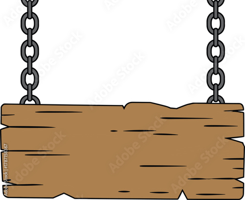 Rustic wooden signboard hanging on metal chains, blank vintage signage template, decorative plaque illustration, isolated background