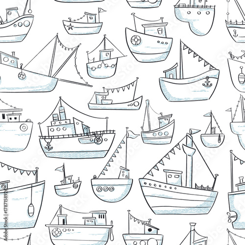 Handdrawn seamless pattern with different boats and ships in doodle style, nautical design for wrapping, fabric and illustration projects.