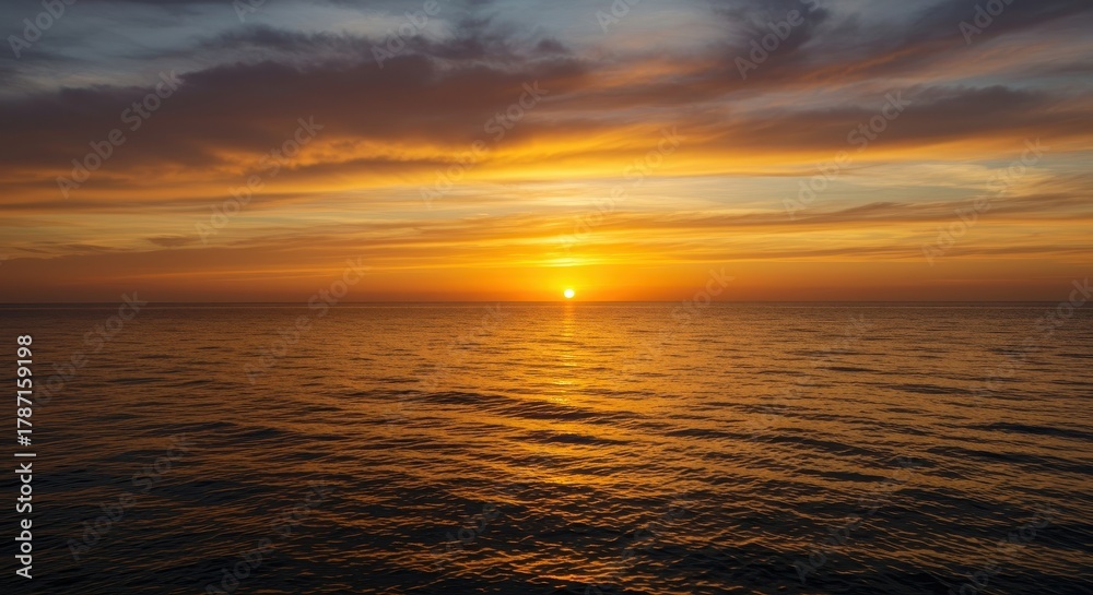 Naklejka premium Dramatic golden hour colors paint the vast sky above the calm ocean horizon as the sun dips below the water line creating a stunning view ,dusk ,colorful ,orange