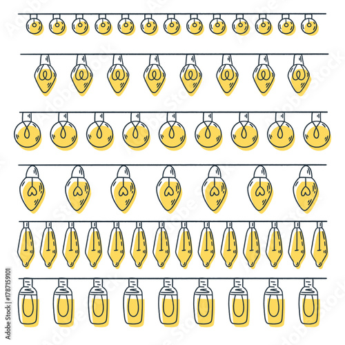 Christmas lights collection handdrawn, vector illustration. Cute cartoon hand drawn style