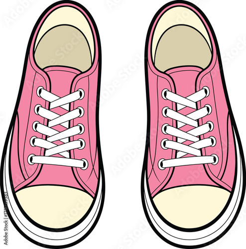 Top view illustration of pink sneakers with white laces, casual footwear fashion design, stylish trendy shoe artwork