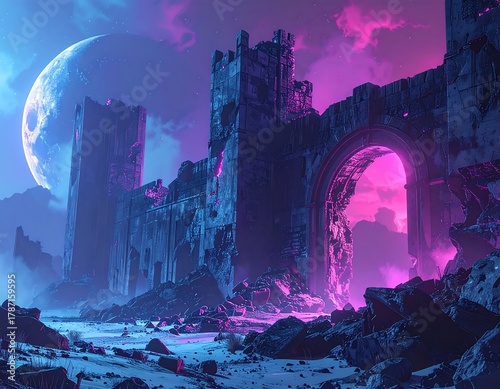 Fototapeta Naklejka Na Ścianę i Meble -  Ruins of a castle under a vibrant cosmic sky, an immense moon
