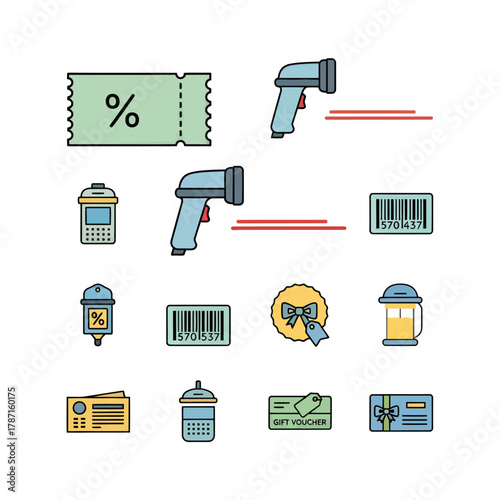 Modern retail and shopping vector icons set, covering discount coupons, barcode scanners, payment methods, loyalty cards, and gift vouchers for commerce and business designs