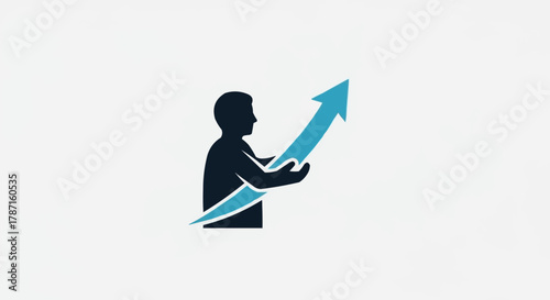 Person holding upward arrow representing growth and progress in business.