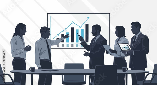 Business team discussing financial data and strategies in a meeting room.