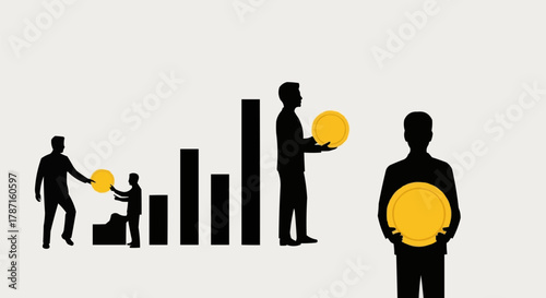 Silhouettes of people interacting with growing financial graph and coins.