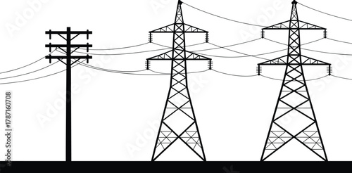 Wooden utility pole and steel transmission towers, high voltage power lines, electricity distribution, rural energy infrastructure