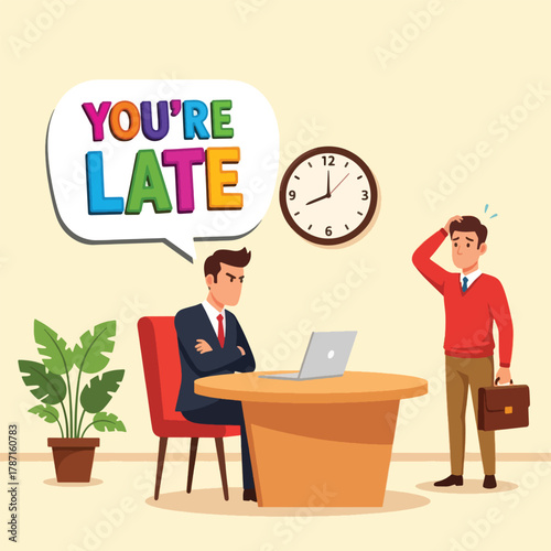 Man looking frustrated at a laptop as colleague arrives late