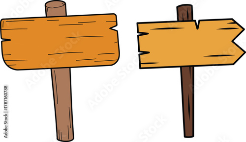 Wooden signpost with blank rustic boards, directional signage template, vintage decorative plaque illustration, outdoor design element
