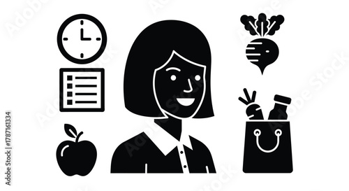 Plan healthy meals with this confident woman and fresh food icon set