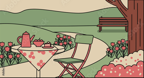 Enjoying a peaceful afternoon tea in a blossoming garden landscape