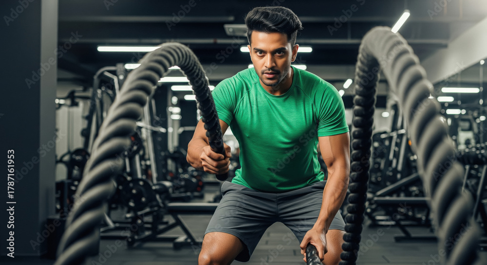 Naklejka premium Focused man intensely training with battle ropes in modern gym.