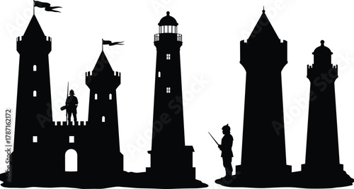 Ancient castle and lighthouse tower silhouettes with medieval guards, historical fortress architecture and tall watchtowers for fantasy or history illustration