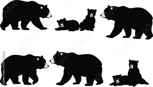Black bear family with cubs in nature wildlife illustration, mother bear and baby bears walking, sitting, and resting together in forest