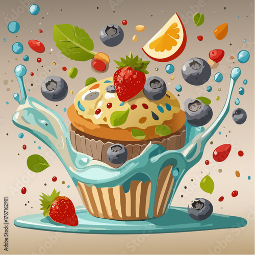 Blueberry and strawberry cupcake with milk splash illustration, sweet dessert food vector