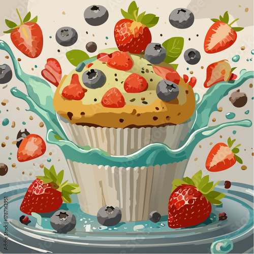 Blueberry and strawberry cupcake with milk splash illustration, sweet dessert food vector