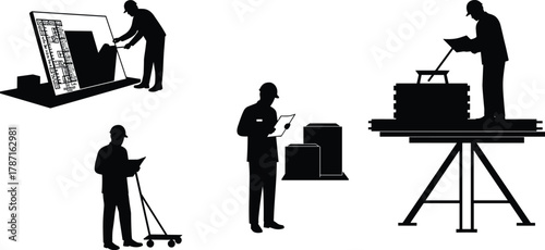 Construction engineers and architects working on blueprints, planning building projects, site inspection silhouettes, industrial design, teamwork, technical drawing concept