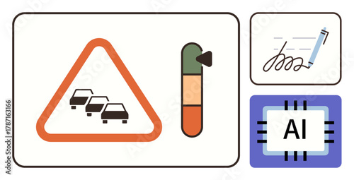Traffic warning triangle with vehicles, progress gauge, chip with AI label, and digital pen stroke. Ideal for AI, automation, technology, traffic management, smart cities innovation efficiency