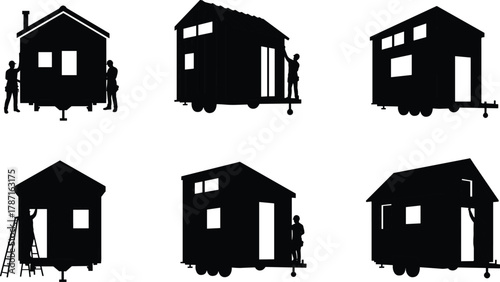 Construction workers building small mobile houses on trailers, tiny home exterior installation and renovation, modern portable housing and architecture design concept