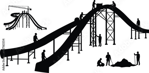 Construction workers building water slide structure, assembling amusement park attraction with scaffolding, teamwork, engineering, and outdoor entertainment facility development project