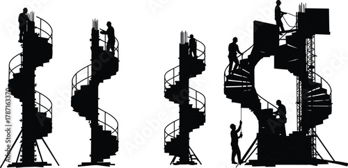 Construction workers building spiral staircase structure, industrial scaffolding design with steel framework, architectural engineering and construction site teamwork silhouette illustration