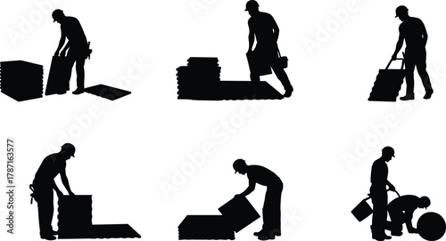 Construction workers handling heavy building materials and equipment, teamwork in industrial job sites, safety and labor silhouettes for construction industry themes