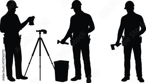 Construction workers holding hammers and chisels, preparing tools for building or renovation work at construction site with safety helmets and equipment