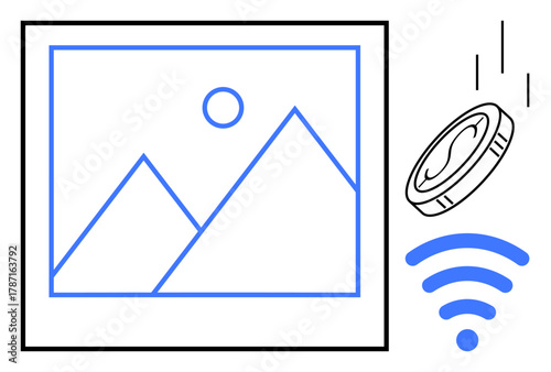 Abstract representation of digital art with mountain outlines, a coin symbolizing cryptocurrency, and a wireless signal. Ideal for blockchain, NFT market, digital economy, online payment, creative