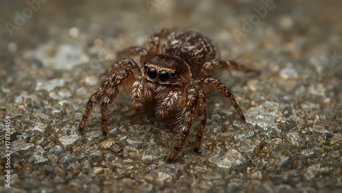 Macro shot of a jumping spider on rocky surface, detailed eyes and hairy legs