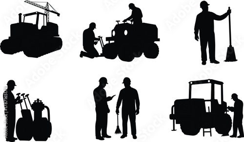 Construction workers maintaining heavy machinery and equipment at building site, engineering repair, industrial maintenance, infrastructure development, mechanical inspection