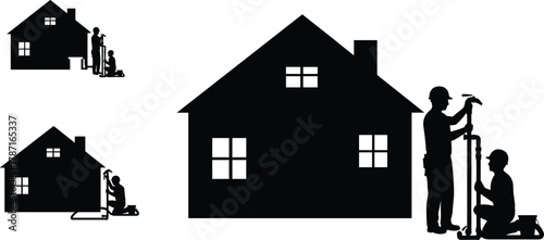 Construction workers measuring and inspecting home foundation, builders checking house base level for renovation, housing project site maintenance and repair work