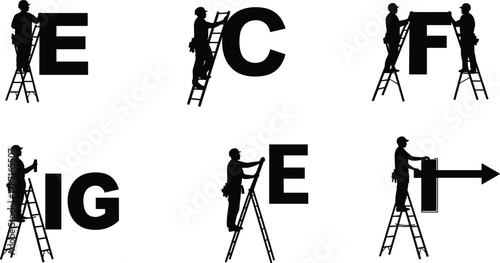 Construction workers on ladders installing large letters and signage, professional mounting work, typography sign setup, industrial maintenance and installation scene