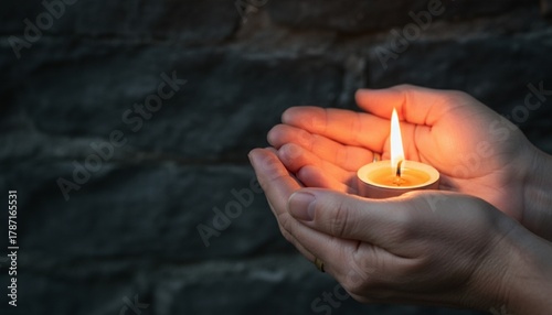Bright burning candle in the human hands on dark wall background. 
